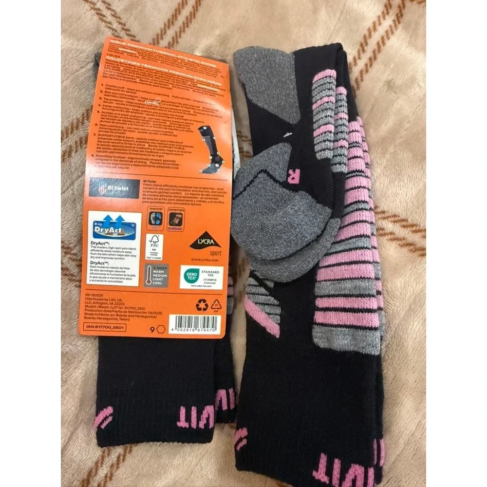 Crivit Girls Premium Thermal Athletic Socks Black Pink Grey US 13Y 1Y Wool Ski